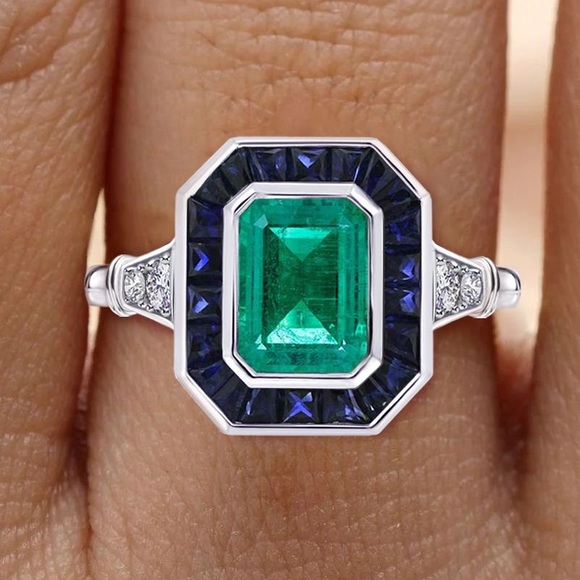 Vintage Emerald Cut Emerald Sapphire Engagement Ring 925 Sterling Silver - Picture 1 of 6